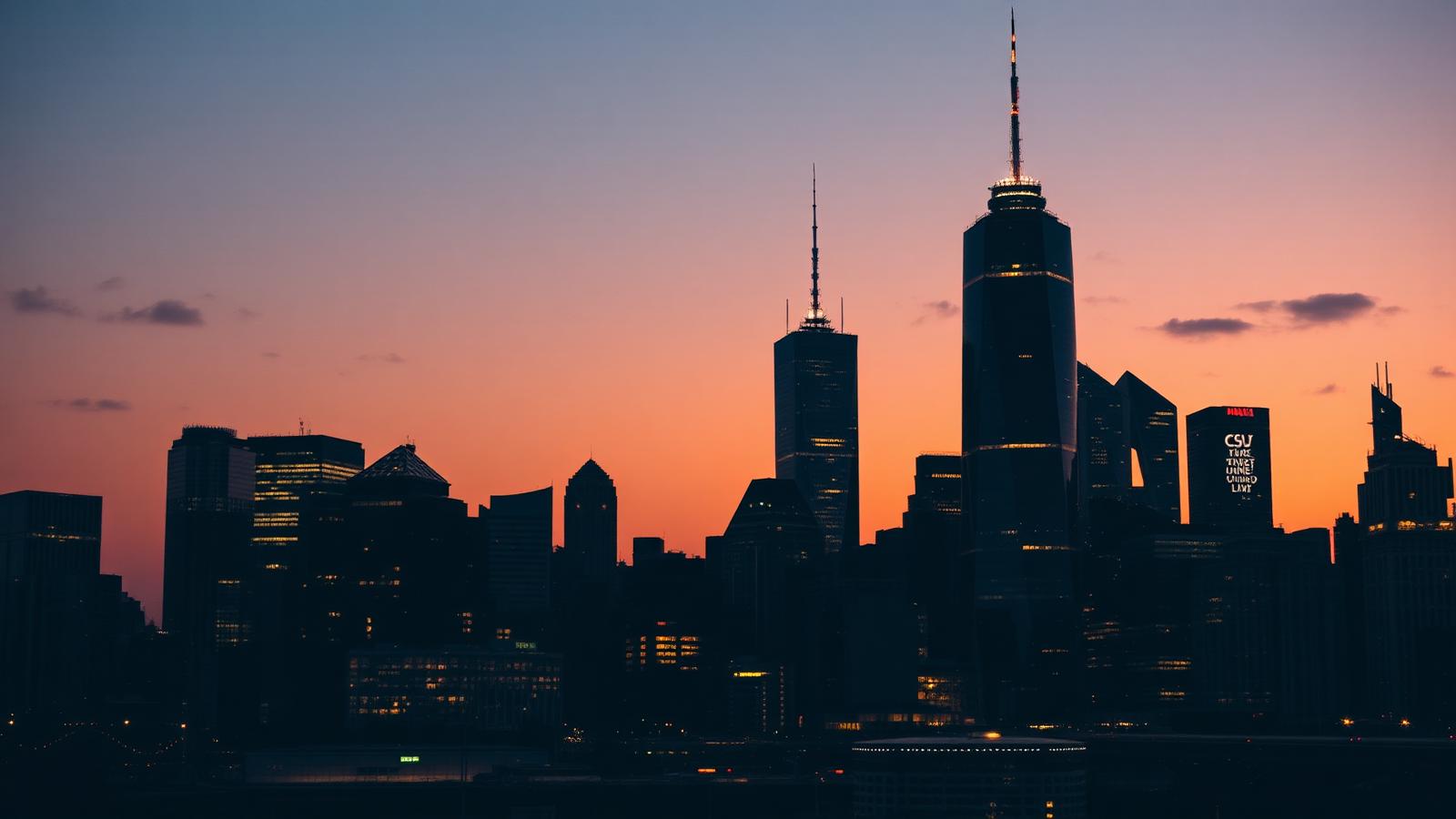 Skyline eines internationalen Finanzviertels in der Abenddämmerung